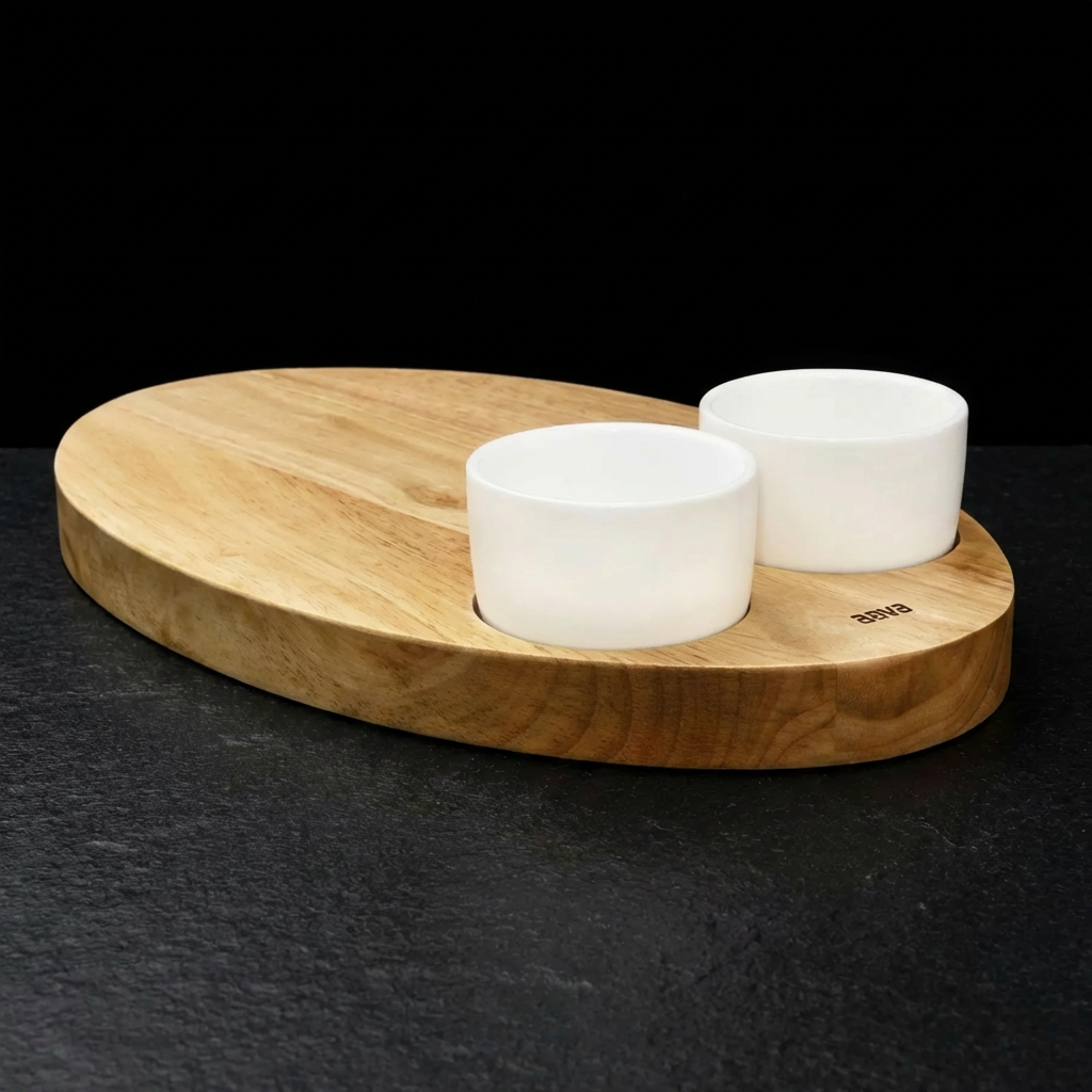 Ellipse Wooden Serving Platter with Two Cups