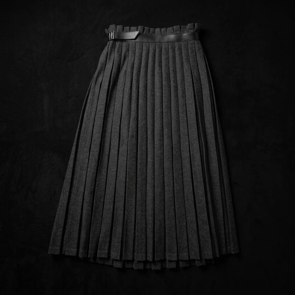 Pleated Wool Skirt with Leather Belt